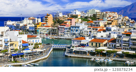 Greece. travel. one of the most scenic places of Crete island - beautiful colorful town Agios Nikolaos. Greece. travel. one of the most scenic places of Crete island - beautiful colorful town Agios Nikolaos. 128878234