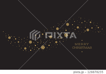 Merry Christmas and Happy New Year greeting card. Gold Snowflake Pattern on Black Background. 128878235