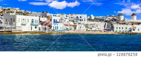 Mykonos island,Cyclades. Greece summer holidays. Panoramic view of famous  place "Little Venice".  128878258