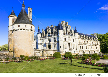 France, Loire valley castles. Elegant Chenonceau chateau . Most beautiful and romantic french castles France, Loire valley castles. Elegant Chenonceau chateau . Most beautiful and romantic french castles 128878422