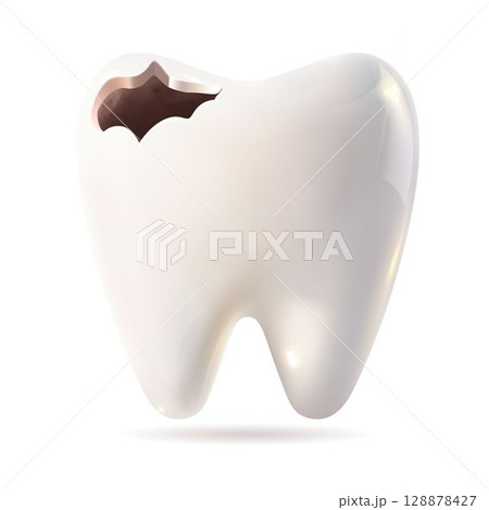 A tooth exhibiting a noticeable hole in it against a white background 128878427