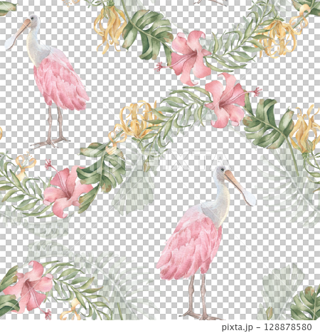 Seamless tropical floral watercolor pattern isolated on white. Lush palm fronds, pink spoonbill, blooms hand painted. Summer foliage and bird repeated motif for textiles, beachwear Hawaiian style. 128878580