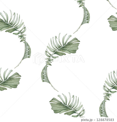 Seamless tropical watercolor pattern isolated on white. Curling palm fronds in muted sage green tones hand painted. Palm foliage on repeated background for beachwear fabric, wallpaper, textile. 128878583