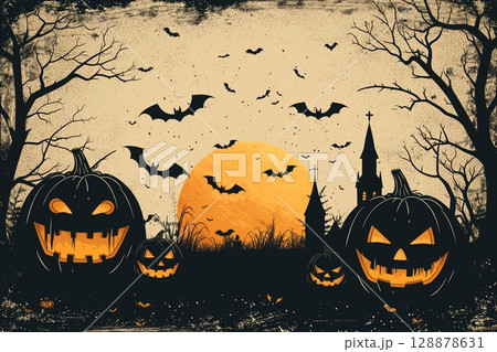 Halloween background with pumpkins and bats. Flat illustration. 128878631