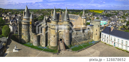France, Brittany travel and landmarks. beautiful medieval Vitre town .Aerial panoramic view of stunning castle (chateau de Vitre) France, Brittany travel and landmarks. beautiful medieval Vitre town .Aerial panoramic view of stunning castle (chateau de Vitre) 128878652