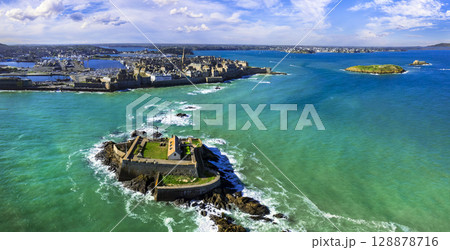 France travel and landmarks. aerial panoramic view of Saint -Malo , historic French port in Ille-et-Vilaine, Brittany.  128878716