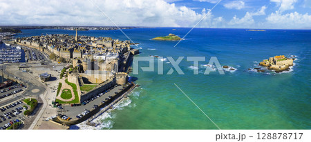 France travel and landmarks. aerial panoramic view of Saint -Malo , historic French port in Ille-et-Vilaine, Brittany.  128878717