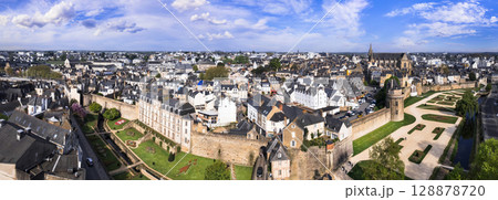 Brittany, France . park at the walls of the historical Old town of Vannes city, popular tourist destination in Morbihan department. aerial drone panorama Brittany, France . park at the walls of the historical Old town of Vannes city, popular tourist destination in Morbihan department. aerial drone panorama 128878720