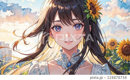 ひまわり畑　微笑む少女 128878738