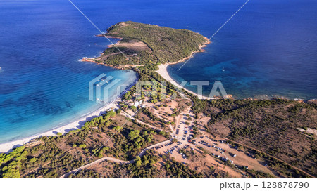 Best beaches of Corsica island - aerial panoramic view of beautiful Rondinara beach Best beaches of Corsica island - aerial panoramic view of beautiful Rondinara beach 128878790