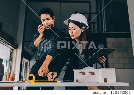Construction manager and engineer dressed in orange work vests and hard helmets explore construction documentation on the building site near the steel frames 128878808