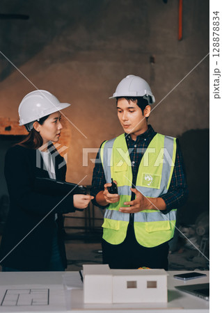 Construction manager and engineer dressed in orange work vests and hard helmets explore construction documentation on the building site near the steel frames Construction manager and engineer dressed in orange work vests and hard helmets explore construction documentation on the building site near the steel frames 128878834