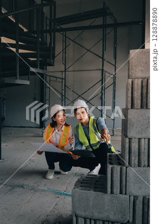 Construction manager and engineer dressed in orange work vests and hard helmets explore construction documentation on the building site near the steel frames Construction manager and engineer dressed in orange work vests and hard helmets explore construction documentation on the building site near the steel frames 128878890