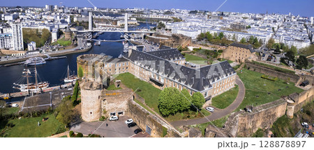 Brest, France. Brittany. aerial drone panoramic view of harbour medieval walls. Brittany's most important maritime cities. view with impressive bridge Pont de Recouvrance 128878897