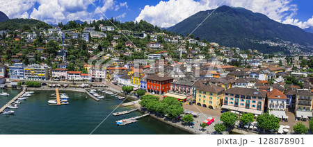 Switzerland travel and landmarks - colorful charming town Ascona, lake Lago Maggiore near Locarno , canton Ticino  128878901