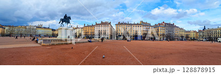 France travel destination and beautiful places. Lyon city, urban scenery of old town . panorama of biggest square Bellecour, popular tourist attraction  128878915
