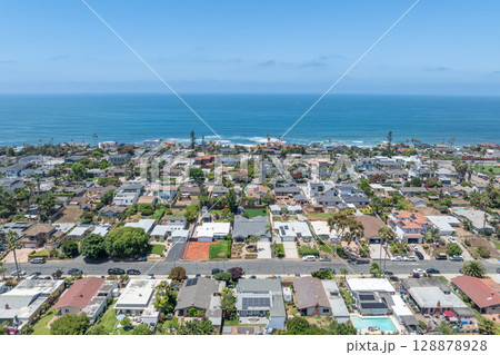 Aerial view of Carlsbad, Oceanside villas, holiday rentals in South California 128878928