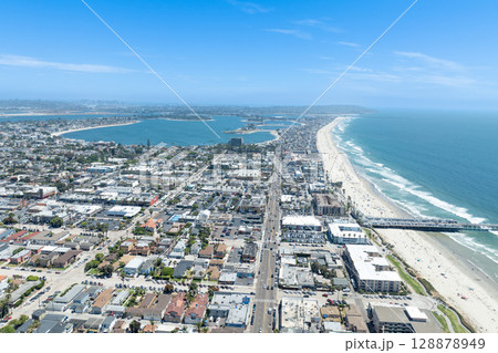 Aerial view of Pacific Beach and Ocean in San Diego, California Aerial view of Pacific Beach and Ocean in San Diego, California 128878949