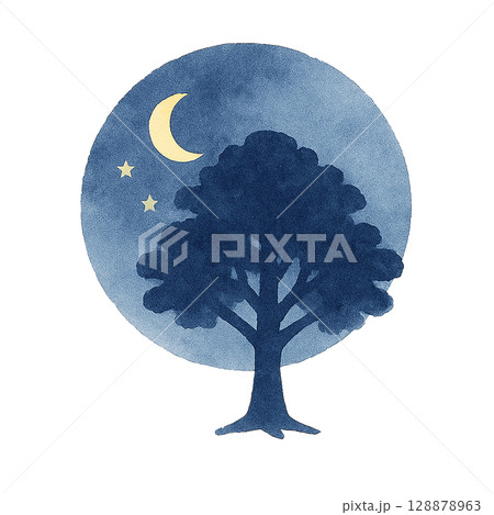 月夜の樹木シルエットイラスト（PNG切り抜き） 128878963