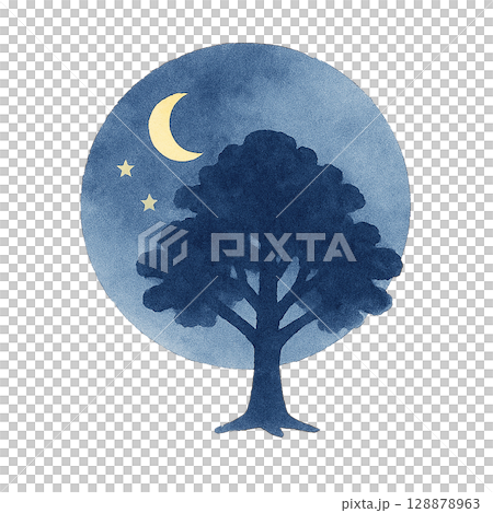 月夜の樹木シルエットイラスト（PNG切り抜き） 128878963