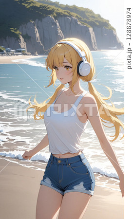 ヘッドホンと海と美少女 128878974