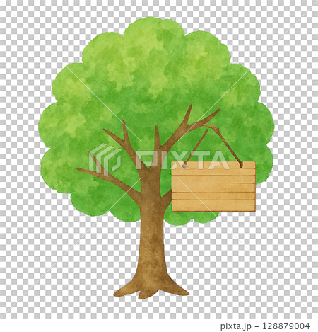 木製看板付き樹木イラスト（PNG切り抜き） 128879004