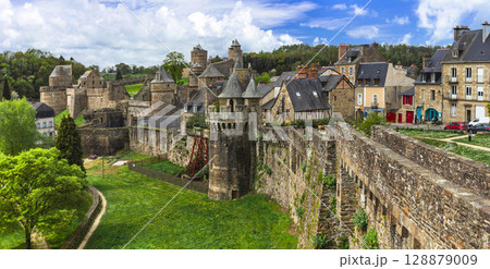 France travel and best scenic villages and castles in Brittany. Impressive medieval fortress and town Fougeres , view of ramparts and towers. One of the most beautiful french villages 128879009