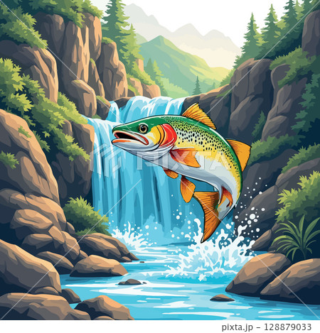Vsai cutthroat trout jumping waterfall in mountain stream 128879033