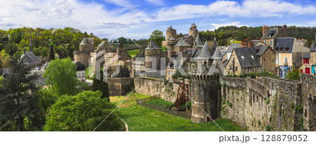 France travel . best scenic villages and castles in Brittany. Impressive medieval fortress Fougeres , view of ramparts and towers. One of the most beautiful french villages France travel . best scenic villages and castles in Brittany. Impressive medieval fortress Fougeres , view of ramparts and towers. One of the most beautiful french villages 128879052