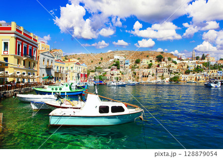 Traditional colorful Greek island- beautiful Chalki (Halki) in Dodecanese. Greece travel Traditional colorful Greek island- beautiful Chalki (Halki) in Dodecanese. Greece travel 128879054