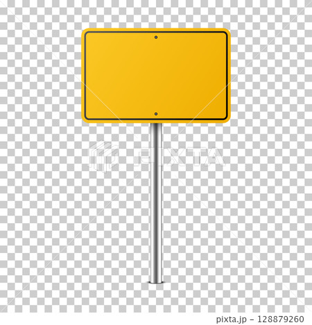 A blank yellow road sign on a silver post mock up. Vector illustration 128879260