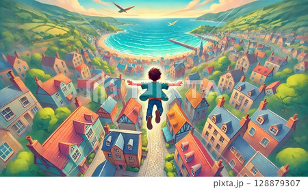 空を飛び、空から町中を眺める少年のイラスト　ファンタジーな世界 128879307