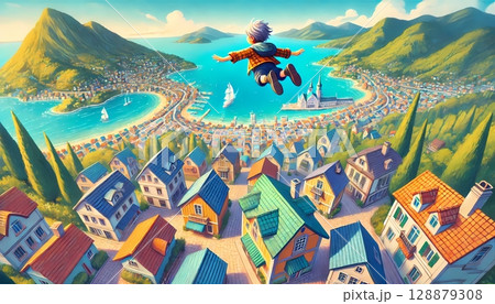 空を飛び、空から町を眺める少年のイラスト　ファンタジー 128879308