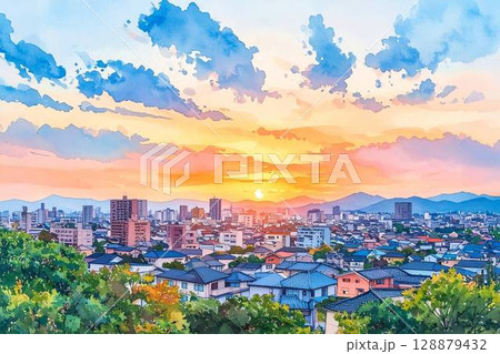 夕焼けに染まる住宅地の風景 128879432