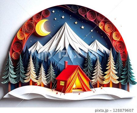 紙クイリングで描かれた星空と山小屋の冬のキャンプ風景 紙クイリングで描かれた星空と山小屋の冬のキャンプ風景 128879607