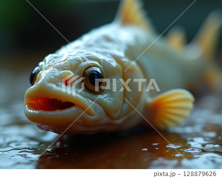 Detailed Close-Up of Pale Catfish with Glossy Scales, Prominent Pectoral Fin, and Moist Surface Texture 128879626