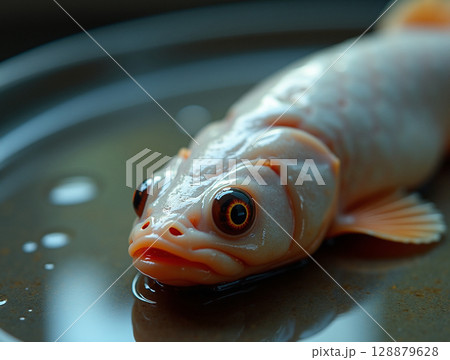 Macro View of Pale Catfish on Wet Plate with Orange-Tinted Fins and Detailed Skin Texture 128879628