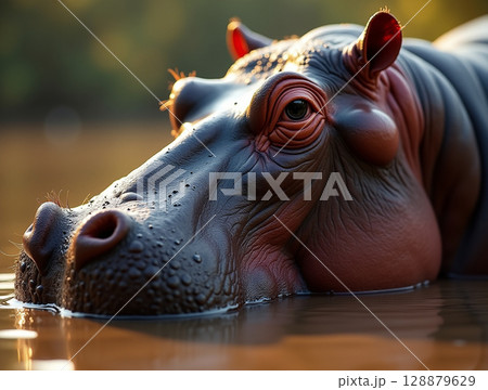 Close-Up of Wet Hippopotamus Head with Wrinkled Skin, Submerged Details, and Golden Hour Shadows 128879629