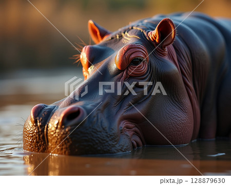 Macro Portrait of Hippopotamus Emerging from Water with Wrinkled Skin and Golden Hour Texture Highlights 128879630