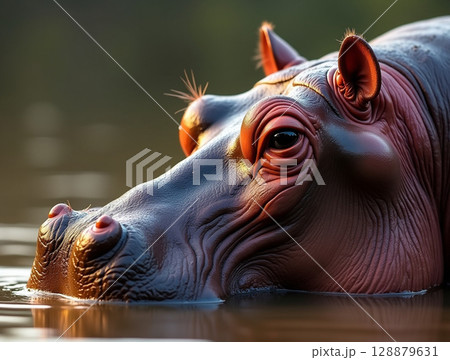 Close-Up of Hippopotamus Head Partially Submerged in Calm Water with Wrinkled Skin and Natural Texture Highlights Close-Up of Hippopotamus Head Partially Submerged in Calm Water with Wrinkled Skin and Natural Texture Highlights 128879631