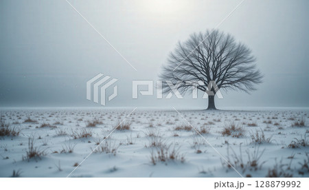 solitary tree stands in snow covered field...のイラスト素材 [128879992] - PIXTA
