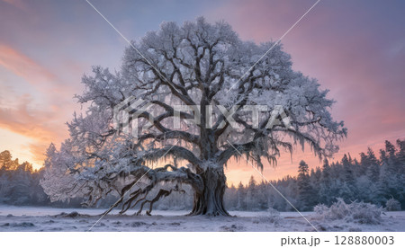 majestic, frost covered oak tree stands in serene winter landscape at sunrise, with vibrant sky of pink, orange, and purple hues. surrounding forest adds depth and tranquility. 128880003