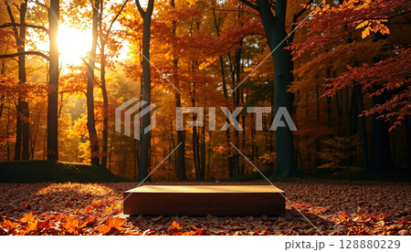 wooden podium stands amidst serene autumn forest, surrounded by vibrant orange and red leaves, with sunlight streaming through trees, creating warm and tranquil atmosphere. wooden podium stands amidst serene autumn forest, surrounded by vibrant orange and red leaves, with sunlight streaming through trees, creating warm and tranquil atmosphere. 128880229