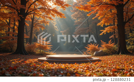 serene autumn forest scene with circular podium surrounded by vibrant orange and red foliage. Sunlight filters through trees, creating warm and tranquil atmosphere. 128880231