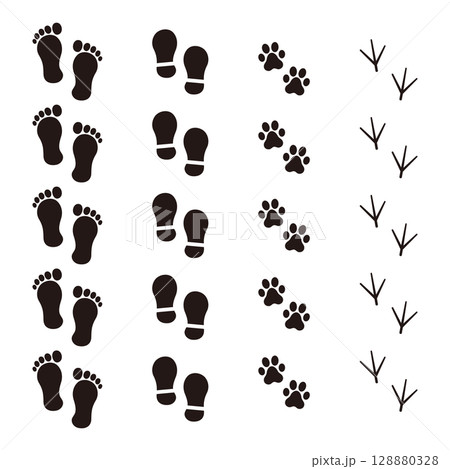 連続する足跡4個セット（人間・動物・鳥） 128880328