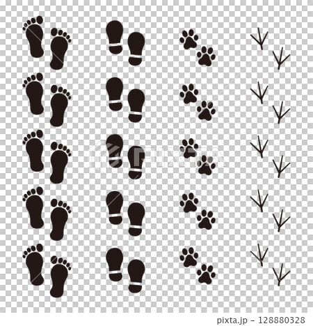 連続する足跡4個セット（人間・動物・鳥） 128880328