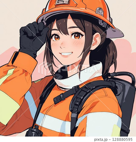 消防士の制服を着て笑顔を見せる若い女性作業員 消防士の制服を着て笑顔を見せる若い女性作業員 128880595