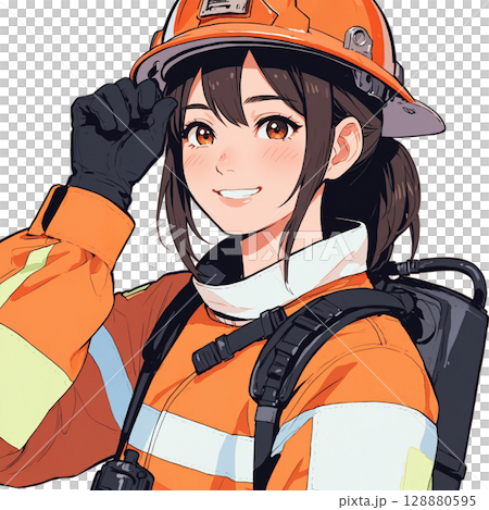 消防士の制服を着て笑顔を見せる若い女性作業員 消防士の制服を着て笑顔を見せる若い女性作業員 128880595