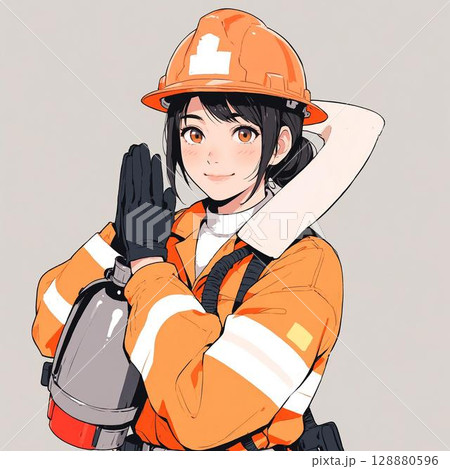 消火器を抱えて微笑む女性消防士 128880596