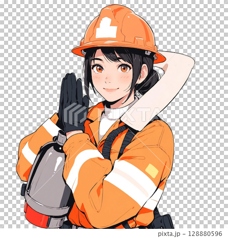 消火器を抱えて微笑む女性消防士 128880596